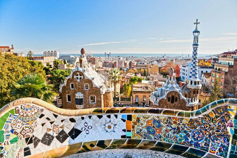 The broken-tile bench curving around the terrace at Park Güell