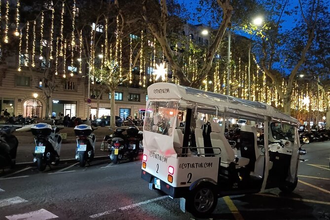 Christmas Lights Tour of Barcelona in Private Eco Tuk Tuk - Plaça de Catalunya and Plaça d’Urquinaona after dark